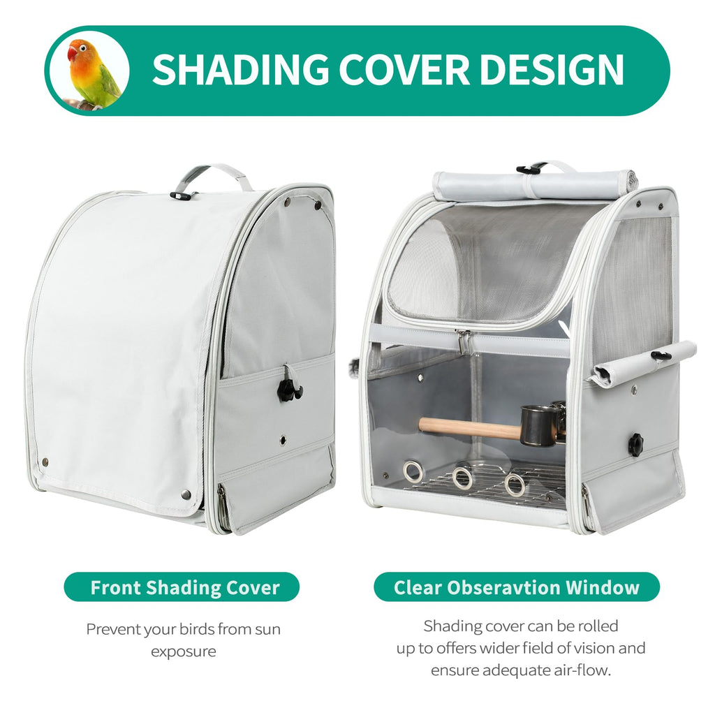 GREGCE Bird Carrier Bag, Bird Travel Cage with Standing Perch and Indestructible Stainless Steel Mesh, Protable Transparent Breathable Carrier with Feeder Cups for Small Birds Parrot Parakeet, Grey