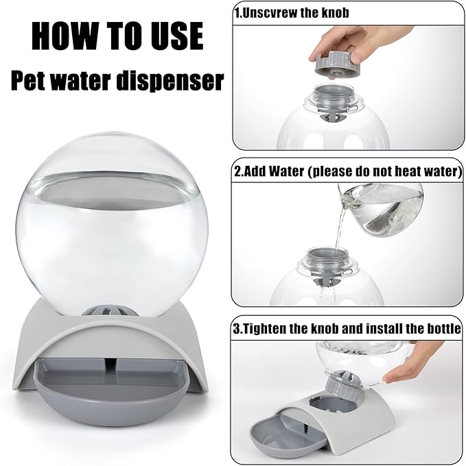 Vayugo Pet Water Dispenser, 2.8L Automatic Gravity Cat Water Dispenser for Cats, Dogs & Rabbit, Detachable Cat Dog Water Dish Feeder with Spherical Waterer Bubble, Grey