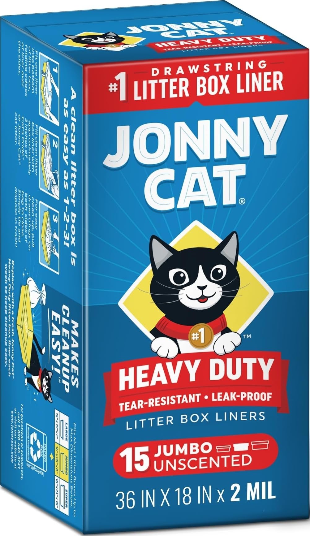 Jonny Cat Litter Box Liners: Heavy Duty - Tear & Leak Resistant - Drawstring Close - Jumbo, 5 Count