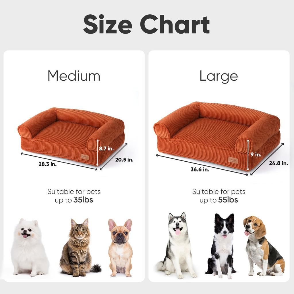 FUKUMARU Cute Dog Bed, Waterproof Corduroy Dogs Couch, 36in Orthopedic Pet Sofa for Medium to Large Dogs Dog, Warm Cotton Pet Bed with Washable Cover, Orange