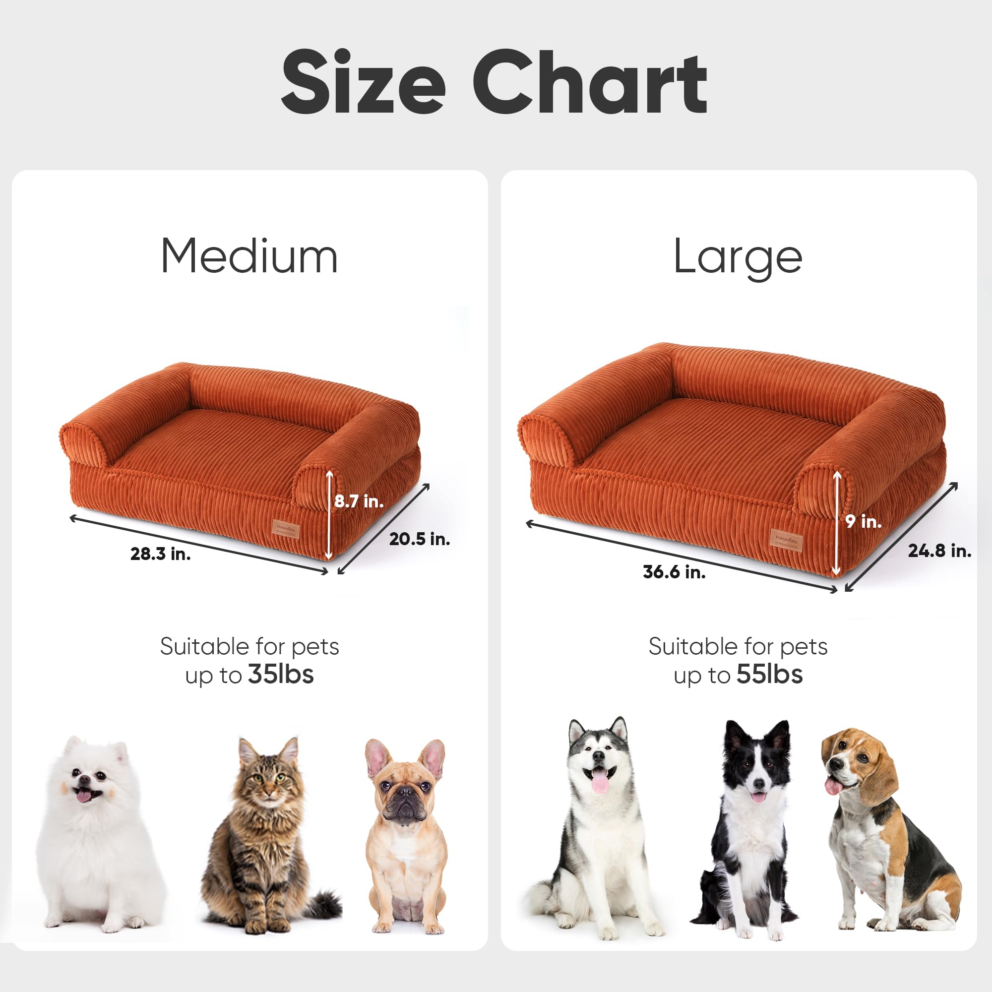 FUKUMARU Cute Dog Bed, Waterproof Corduroy Dogs Couch, 36in Orthopedic Pet Sofa for Medium to Large Dogs Dog, Warm Cotton Pet Bed with Washable Cover, Orange