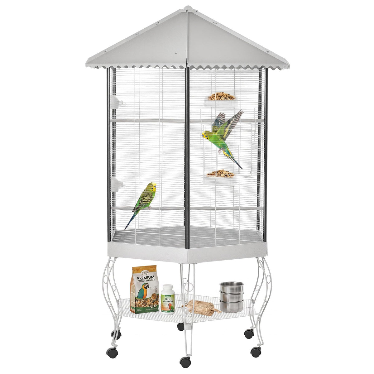 PawHut 44" Hexagon Covered Canopy Portable Aviary Flight Bird Cage With Storage