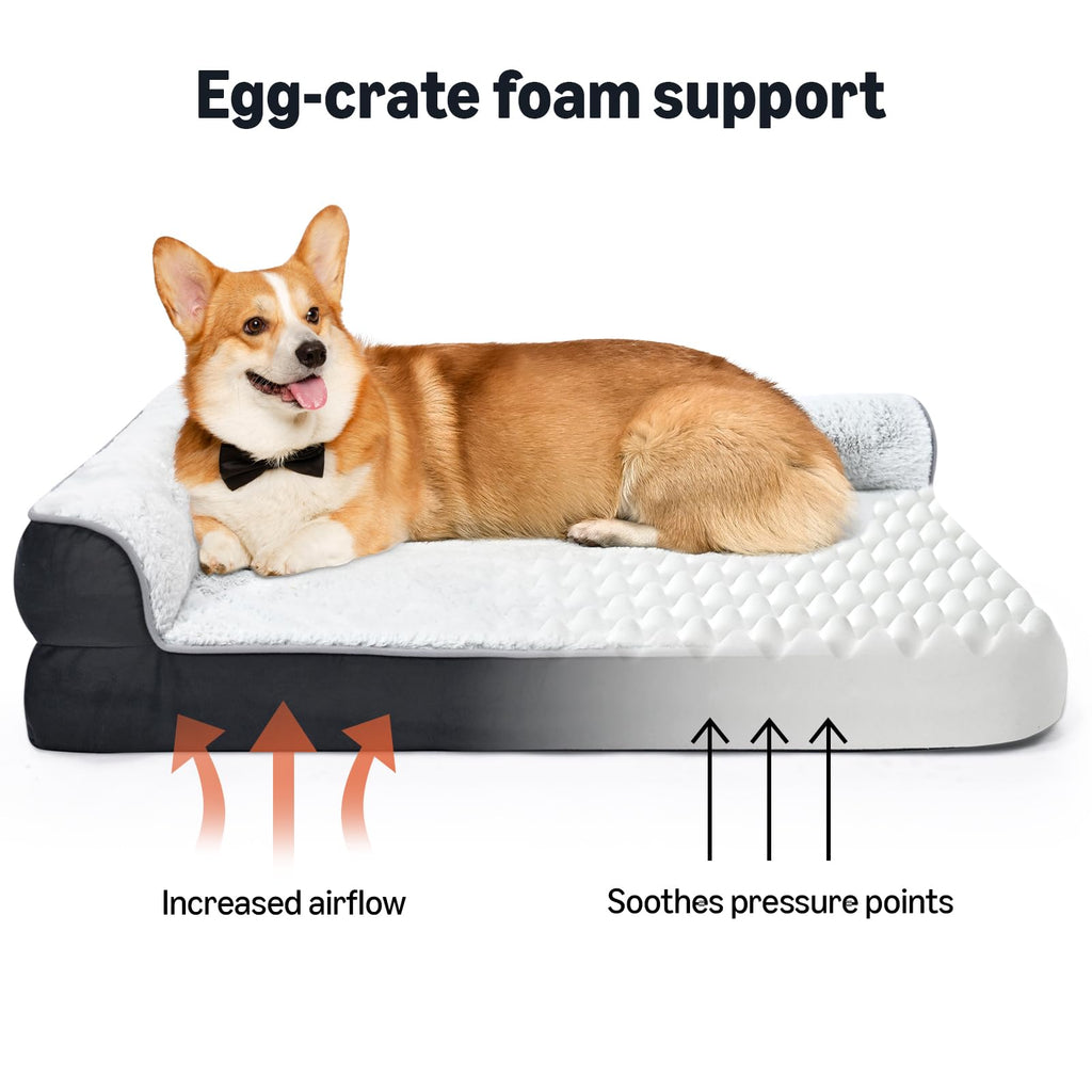 Amazon Basics Washable L-Shaped Dog Bed for Large Dogs, Anti-Slip Pet Sofa Bed for Indoor Dogs, Crate Bed, 42x30x8 Inches, Gray, Large