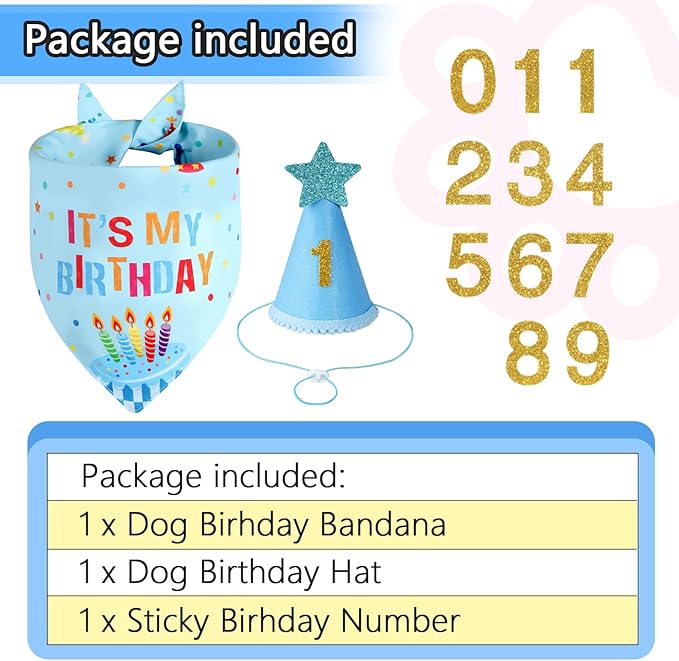 Dog Birthday Party Supplies with Hat Bandana Numbers, Light Blue Dog Birthday Set for Small Pets Puppy Boy