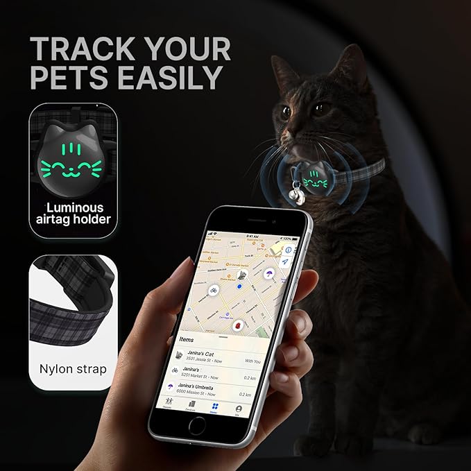 AirTag Cat Collar Breakaway, Reflective Cat Collar Compatible with Apple AirTag 1st & 2nd Gen, Hidden Holder with Bell, Lightweight Water-Resistant Strap for Cats, AirTag Not Included