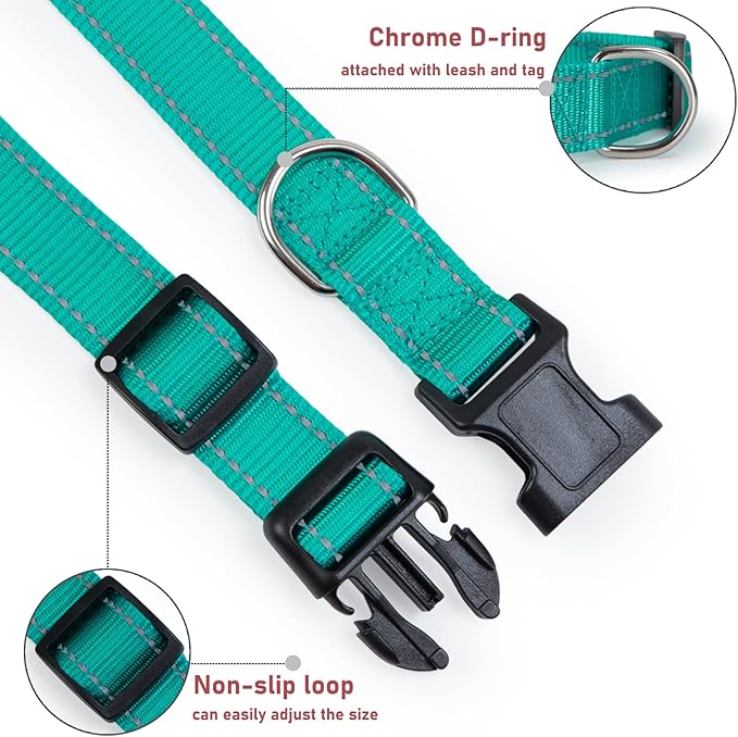 Reflective Dog Collar with Buckle Adjustable Safety Nylon Collars for Small Medium Large Dogs, Teal XS