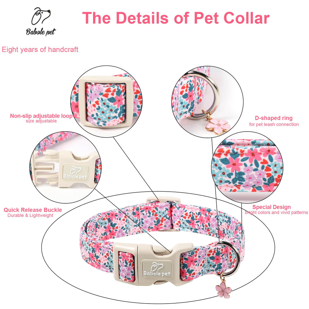 Babole Pet Floral Dog Collar, Cute Girl Dog Collars - Pastel Wildflowers Pattern Spring Summer Puppy Collar, Adjustable Female Dog Collars for Small Medium Large Dogs M
