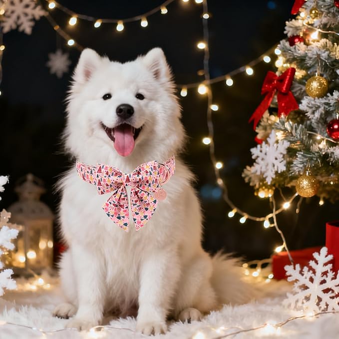 UP URARA PUP Christmas Dog Collar with Bow Tie, Pink Christmas Tree Collars for Dogs, Adjustable Pet Collar with Cute Xmas Tree Pendant, Winter Dog Accessories for Small Medium Large Dogs M