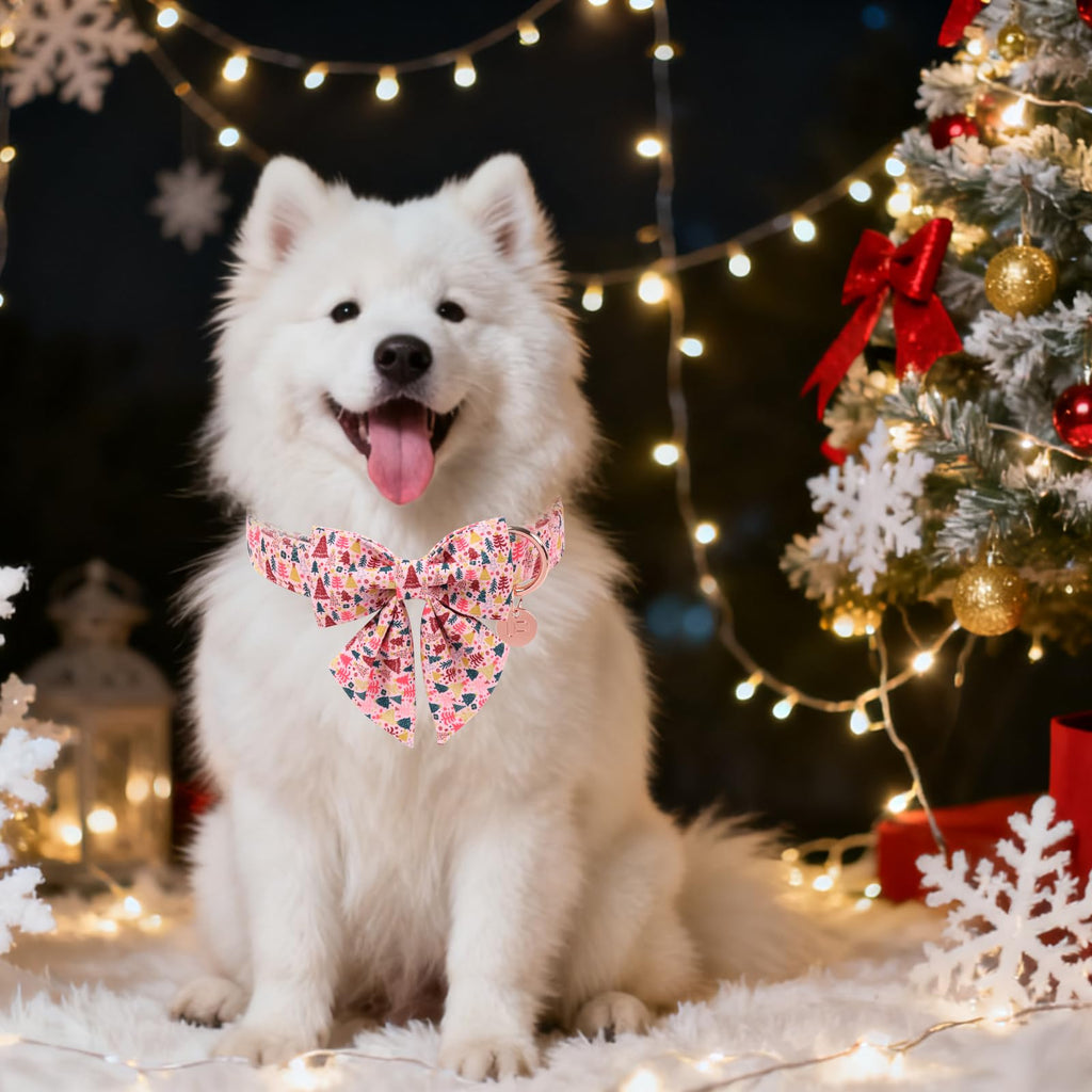 UP URARA PUP Christmas Dog Collar with Bow Tie, Pink Christmas Tree Collars for Dogs, Adjustable Pet Collar with Cute Xmas Tree Pendant, Winter Dog Accessories for Small Medium Large Dogs M