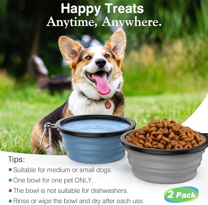 Pawaboo Collapsible Travel Dog Bowls 2 Pack with Lids&Carabiners Silicone