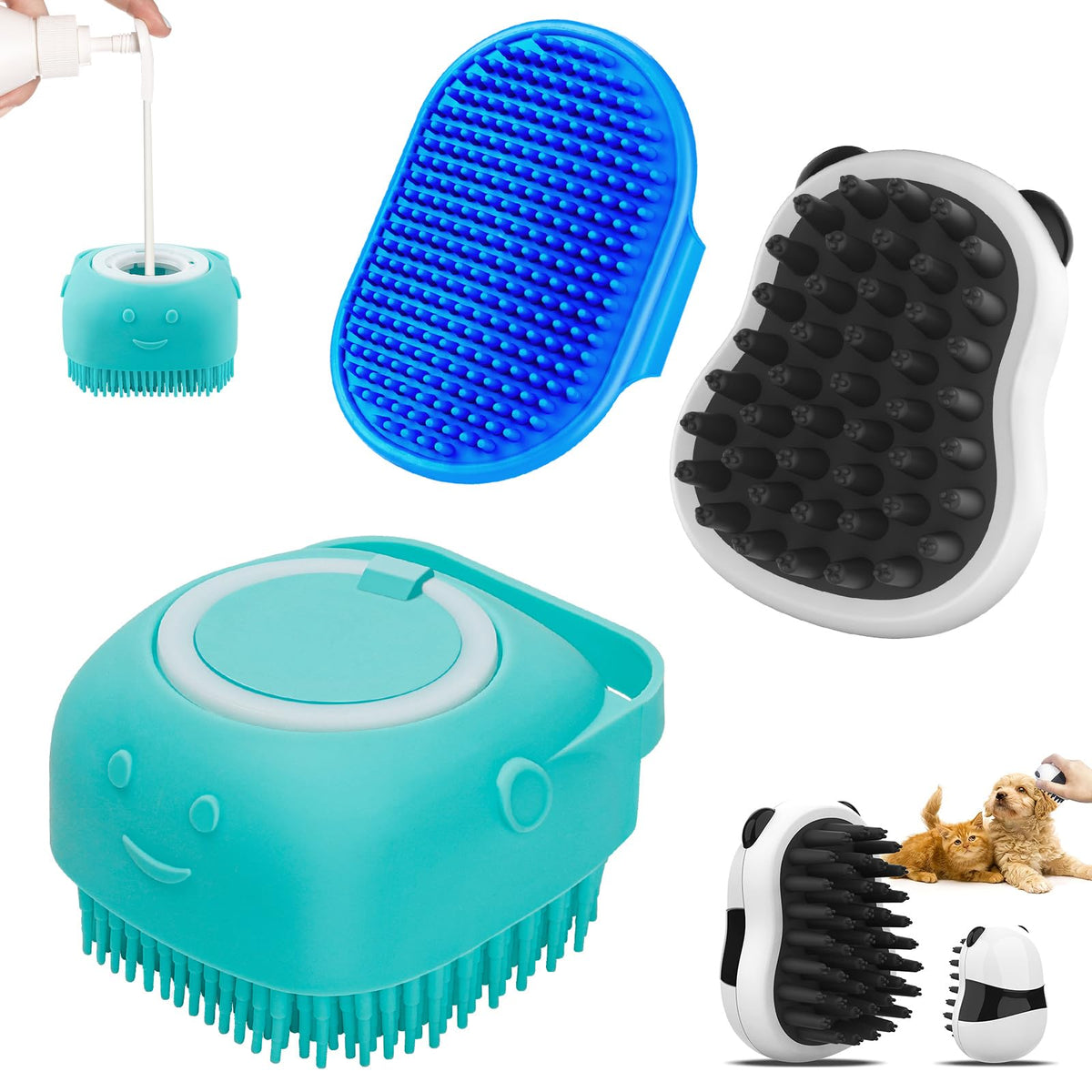 Comotech 3-in-1 Dog Grooming Brush | Adjustable Handle Shampoo Brush & Scrubber for Short & Long Haired Dogs & Cats (Blue Pink Blue)