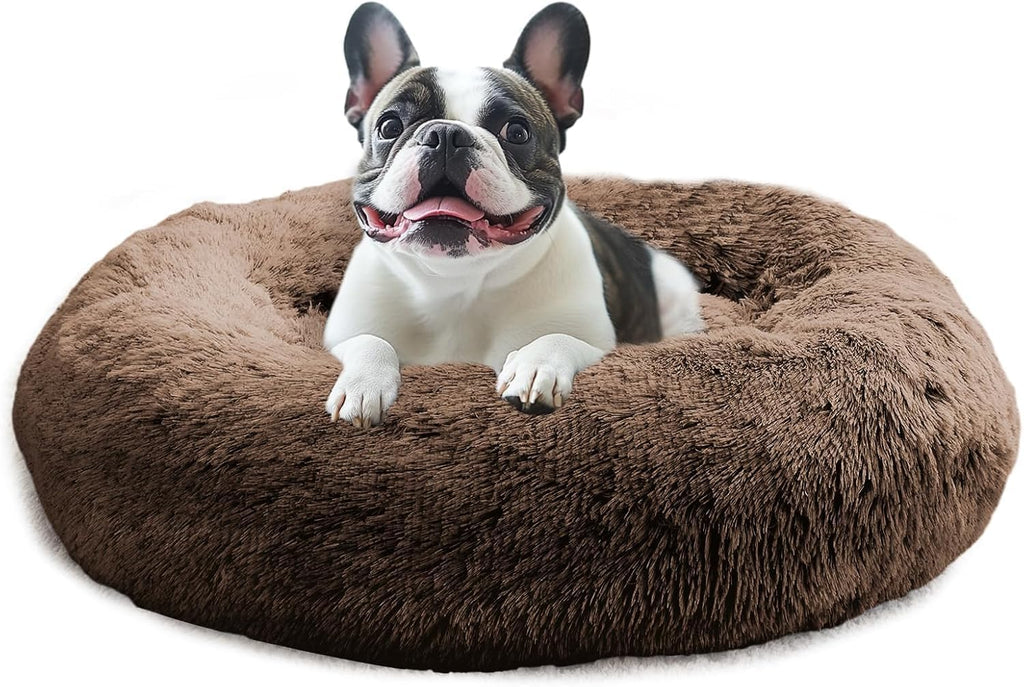 JOLLYVOGUE Calming Dog Beds Large Sized Dog, 36in Donut Washable Large Pet Bed, Anti-Slip & Anti-Anxiety Fluffy Faux Fur Round Dogs Bed, Fits up to 80 lbs Pets (Coffee)