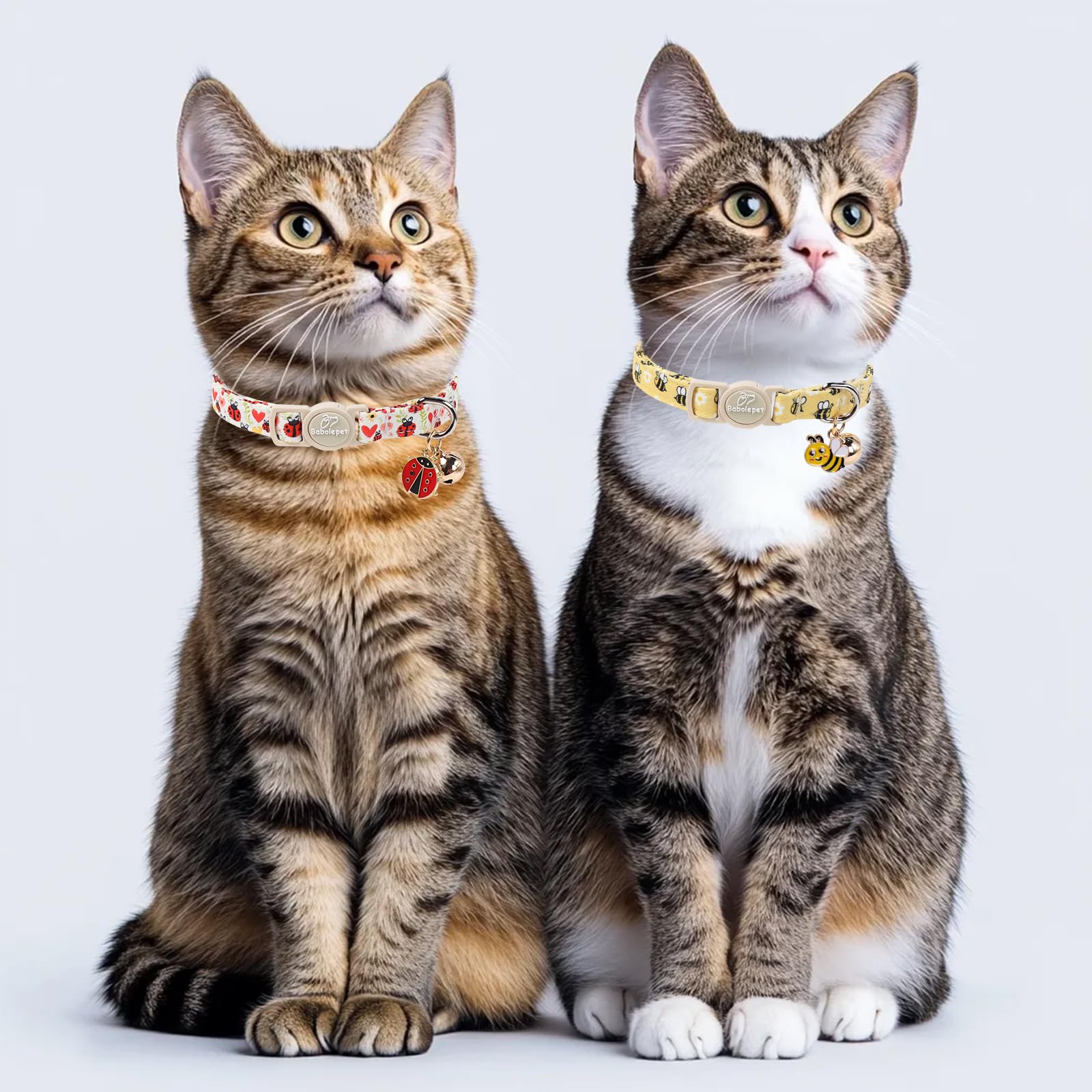 Babole Pet 2 Pack Cute Cat Collars - Cartoon Bee Ladybug Breakaway Cat Collar with Bell & Matching Pendant, Adjustable Spring Summer Kitten Collars for Boy Girl Cats