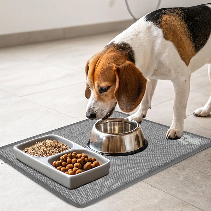 PUPTECK Dog Food Mat, Absorbent Pet Cat Feeding Mat for Food and Water Bowls, Anti-Slip Dog Placemat for Floors Waterproof, Pet Supplies Accessories, Grey Paw M