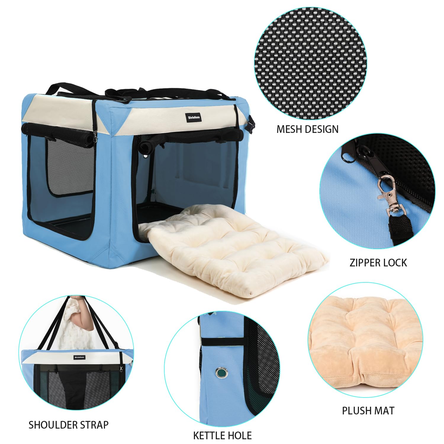 Sivlefoss Collapsible Travel Dog Crate Portable Soft-Sided Pet Kennel Extra Large Cat Carrier with Soft Plush Fur Mat for Indoor and Outdoor,28x20x20in Sky Blue