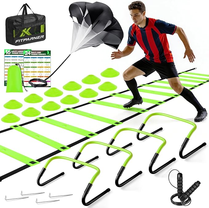 Agility Ladder,Soccer Training Equipment Set-20ft Speed Ladder,12 Soccer Cones,4 Hurdles,Jump Rope,Running Parachute,Basketball Football Agility Training Equipment for Kids, Youth