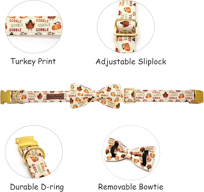 Bobo Rainbow Dog Collar, Thanksgiving Turkey Pet Collar Bow Holiday Girl Boy Bow Puppy Collar Adjustable for X-Large Dogs