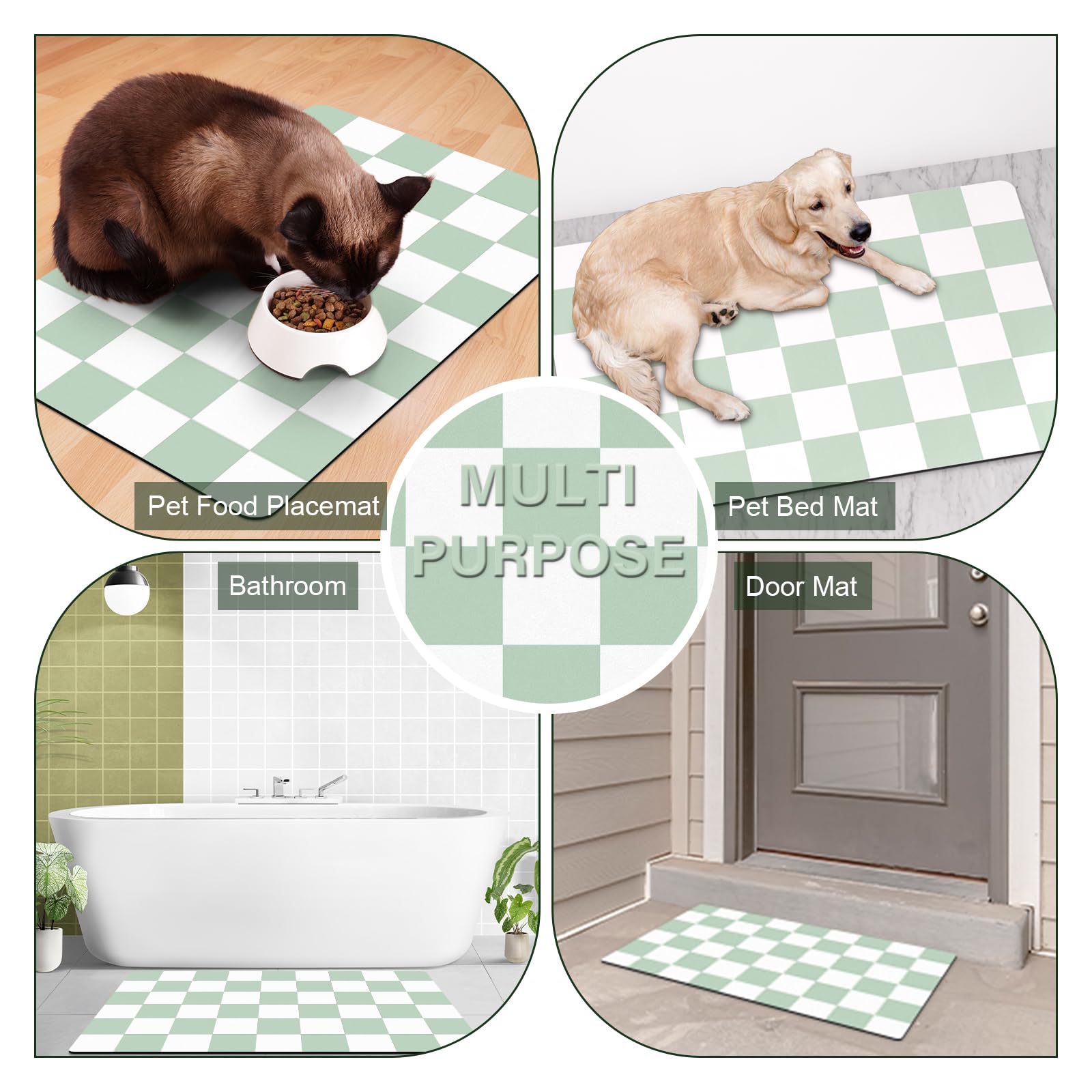 Checkered Dog Cat Feeding Mat, 17'' x 28'' Large Dog Food Mats, Absorbent Pet Feeding Mat for Food and Water Bowl, Dispenser, Checkerboard Pet Placemat with Rubber Backing, Green & White