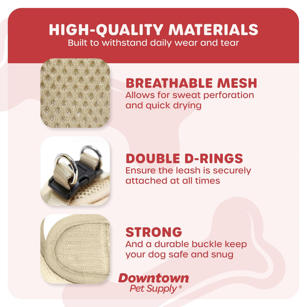 Downtown Pet Supply Step in Dog Harness for Small Dogs No Pull, Large, Khaki - Adjustable Harness with Padded Mesh Fabric and Reflective Trim - Buckle Strap Harness for Dogs