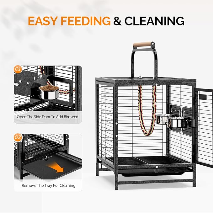 VINGLI Small Bird Cage, 19 inch Travel Carrier Bird Cage with Handle, Wrought Iron Parakeet Cage with Wooden Perch for Parrot Lovebirds Finches Small/Medium Birds (Hammertone Black)