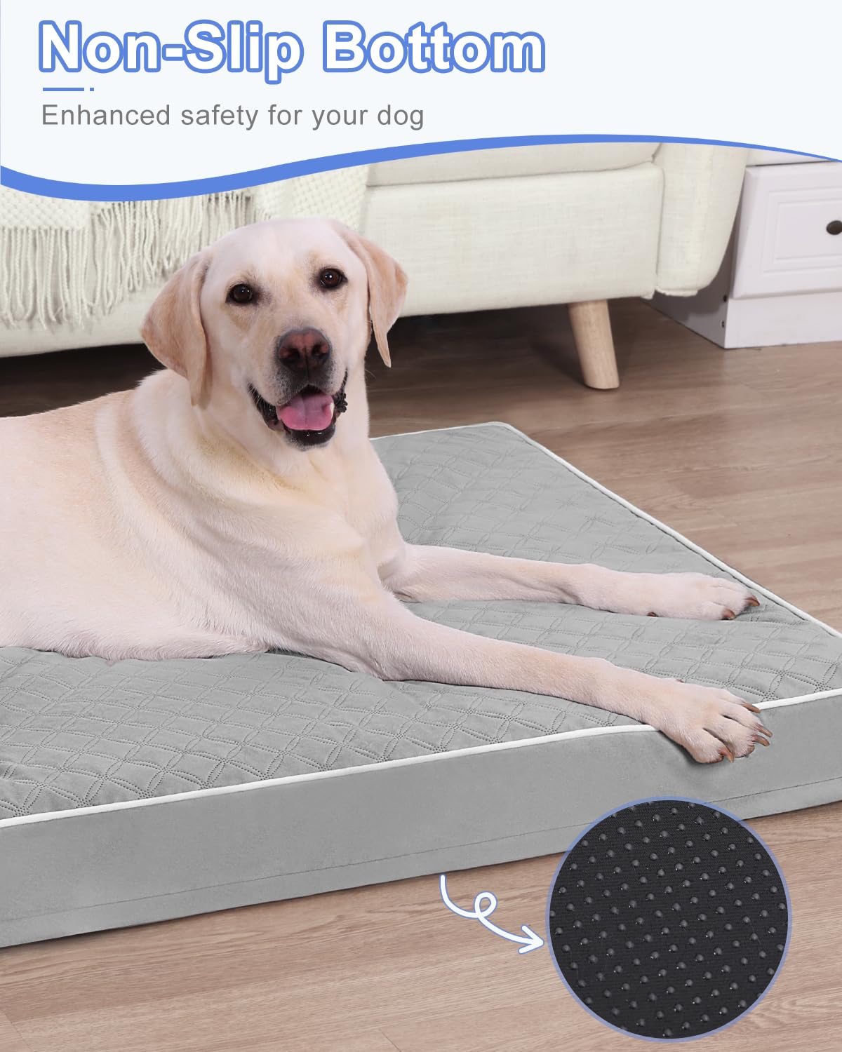 KSIIA Orthopedic Dog Bed Extra Large Dog Bed with Removable Machine Washable Cover Waterproof Crate Pad with Egg Crate Foam and Non-Slip Bottom, 53x36 Inch, Light Gray