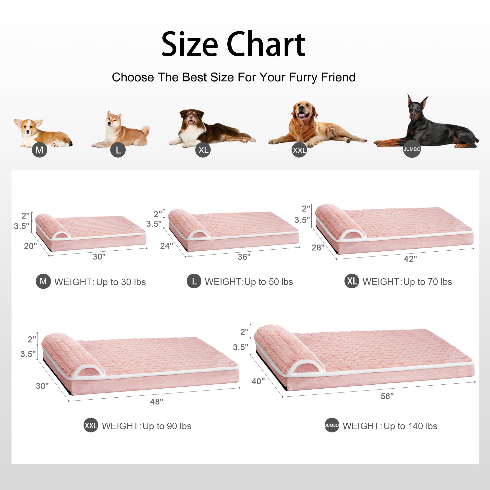 Jolifield Orthopedic Large Dog Bed Pillow Pet Sofa Bed 56''X40'' Pink