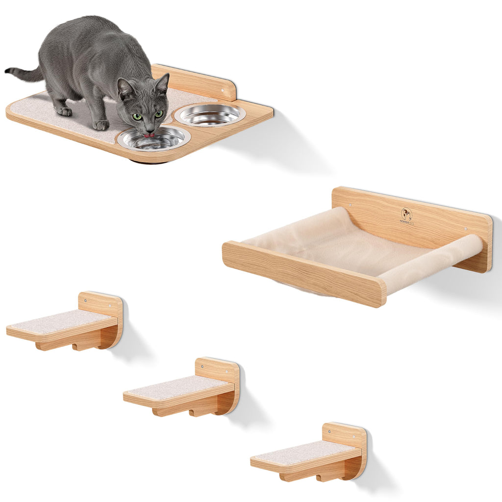 PATHOSIO PETS Space-Saving Cat Wall Shelves – Interactive Cat Wall Climber with Hammock & Dog Proof Feeding Station for Small & Medium Indoor Breeds – Solid Natural Wood with Beige Carpet
