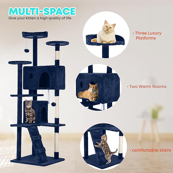 FDW | 70" Cat Tree Tower | Navy Blue | Multi-Level Indoor Activity Center with Sisal Scratching Posts, Condos, Plush Perches, Hanging Cat Toys | Sturdy, Easy to Assemble | for Kittens & Adult Cats