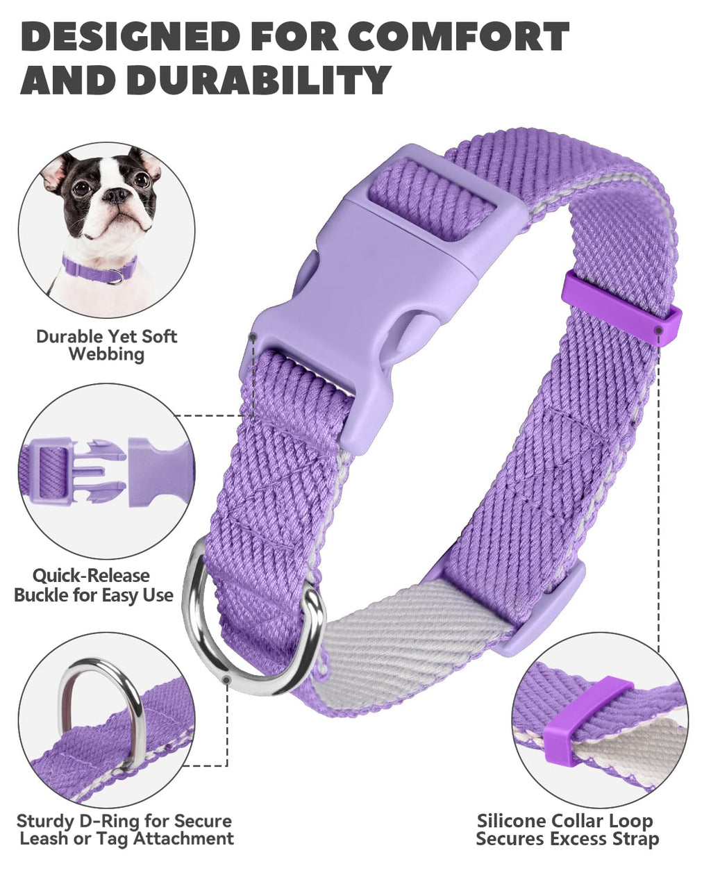 Dynmeow Soft and Breathable Cotton Dog Collar, Durable Adjustable Female Girl Pet Collar with Quick-Release Buckle, Lightweight for Sensitive Skin for Small and Medium Dogs, Purple, S