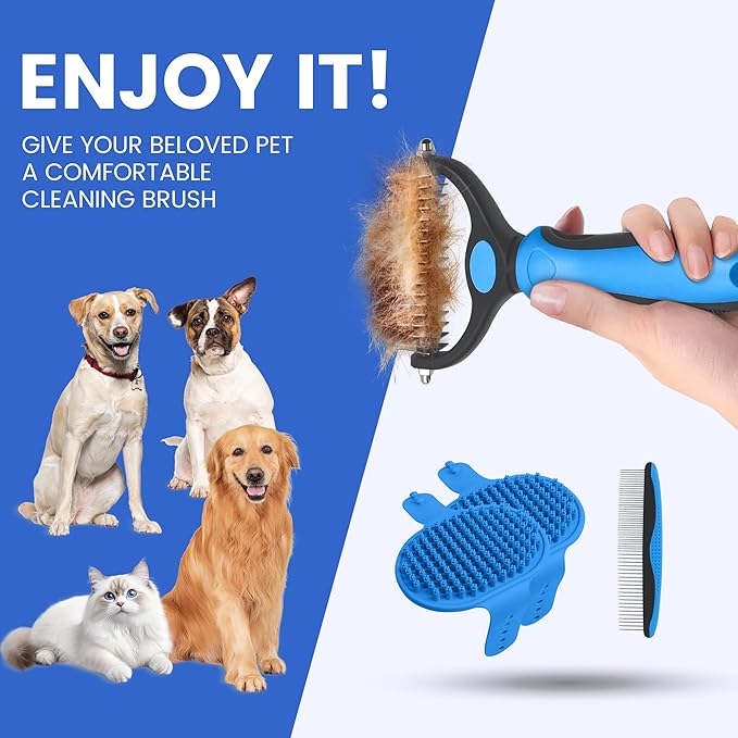 Double-Sided Pet Grooming Rake - 4-in-1 Professional Pet Grooming Kit Deshedding Dematting Tool for Dogs Cats Extra-Wide Grooming Brush & Deshedder Comb for Long & Short Haired Pets (Blue Kit 4PCS)