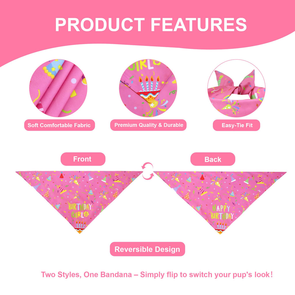 WoffBow Dog Birthday Girl Bandana for Large Dogs, Reversible Pink Scarf