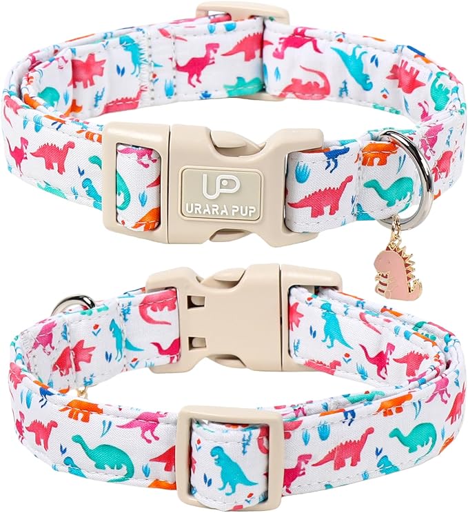 UP URARA PUP Summer Dog Collar, Adorable Dinosaur Cotton Dog Collar with Quick Release, Gift Dino Collars for Small Medium Large Boys Dogs Cute Durable Comfortable Pet Collars