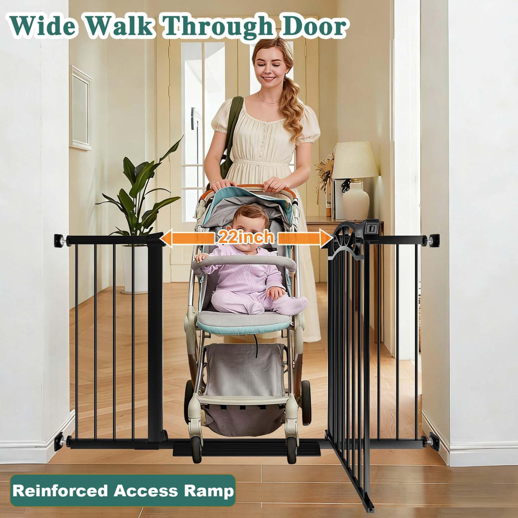 Fairy Baby 29.53"-32.28" Wide Baby Gate with Door, Walk Through Baby Gates for Stairs Pressure Mounted no Drill, Indoor Tension Metal Pet Dog Gate, Auto Close Child Safety Gate, Black
