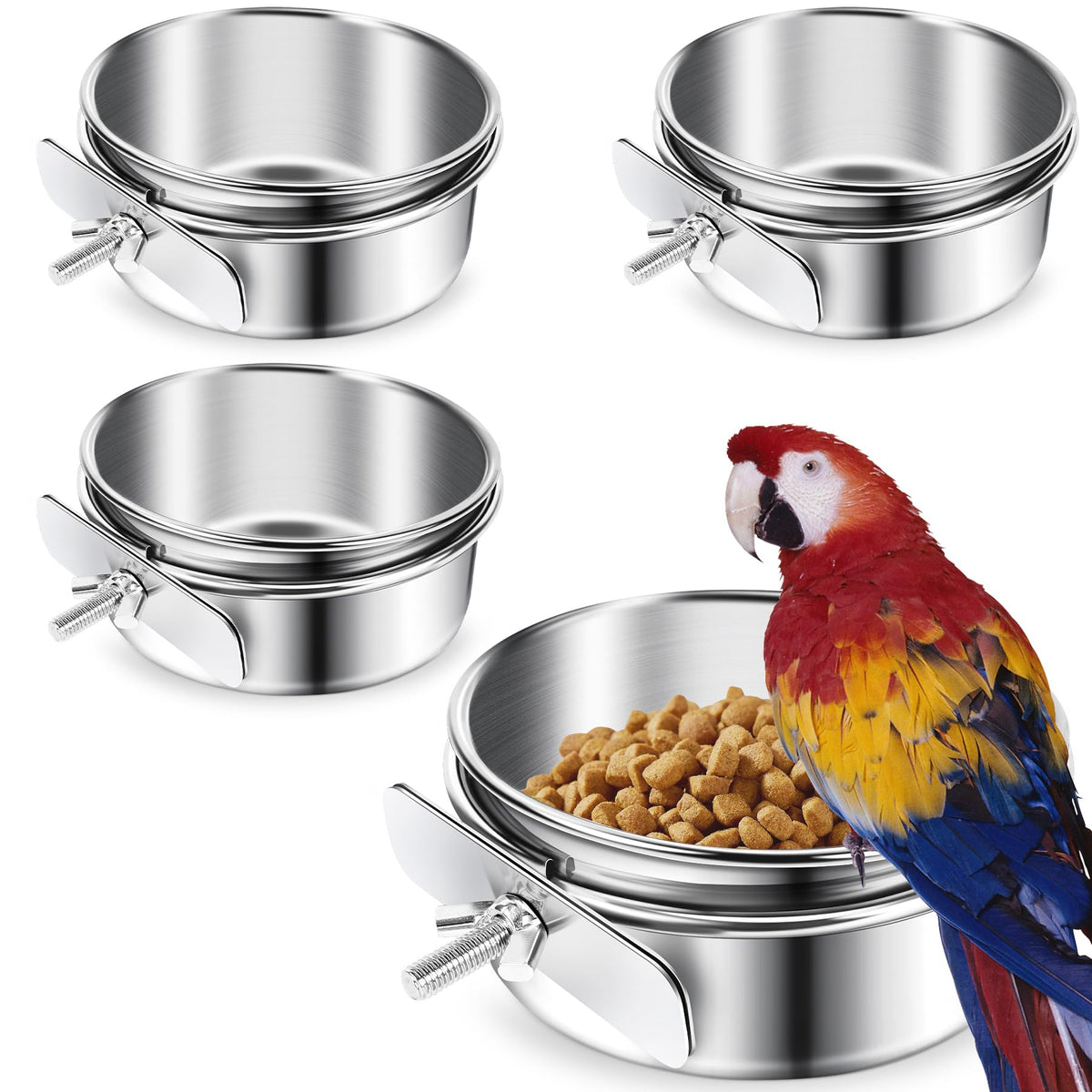 ToLanbbt 8 Pcs Stainless Steel Bird Food Bowls Bird Water Bowls with Clamp Holder, Parrot Feeding Dish Cups Parrot Cage Coop Feeders for Cockatiel Conure Budgie Parakeet Macaw Lovebird Small Animal, S