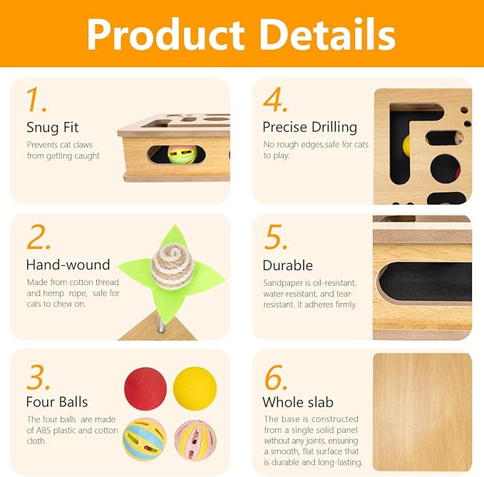 MUCAOL Cat Scratch Puzzle Enrichment Box,Clawcraft Wooden Cat Scratcher,No Assembly Required,Built-in Sandpaper Trims Your pet's Claws as They Play(Burlywood Color)