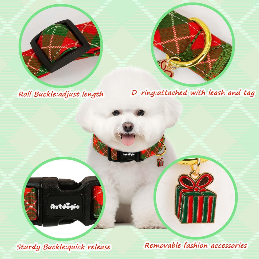 Astdogio Extra Small Christmas Dog Collar,Adjustable Dog Christmas Collars, Red Green Plaid Puppy Collar, Cute Dog Collars Holiday Collar for Girl Boy Dogs-XS