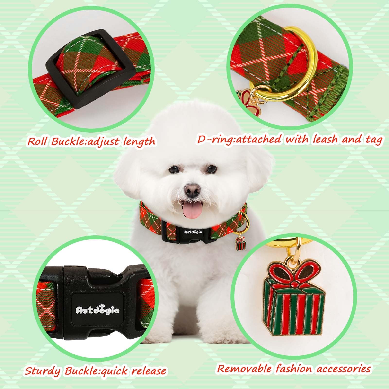 Astdogio Extra Small Christmas Dog Collar,Adjustable Dog Christmas Collars, Red Green Plaid Puppy Collar, Cute Dog Collars Holiday Collar for Girl Boy Dogs-XS