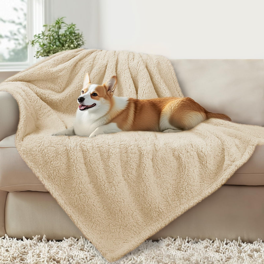 Luciphia Waterproof Pet Blanket for Medium Large Dogs Soft Cat Sherpa Calming Thick Cover Leakproof Cozy Puppy Sofa Bed Car Couch Protector(Beige,63x50 inches)