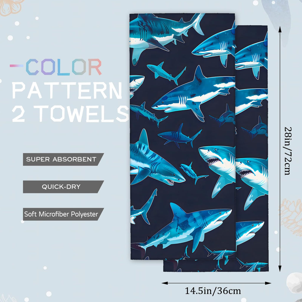 amepay Cute Shark Hand Towels - 2 Pack, 14.5" X 28",Soft Microfiber Polyester Dark Towel Set with Bold Dynamic Sharks Pattern,for Ocean Bathroom Kitchen Spa Hotel Decor Gifts