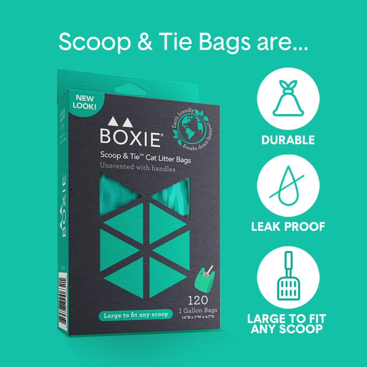Boxie Sustainable Scoop & Tie Pet Waste Bags, 120 Count, Leak-Proof, Easy-to-Tie Handles, Eco-Friendly, Odor Control, EPI Technology, Durable for Cat Litter & Dog Waste