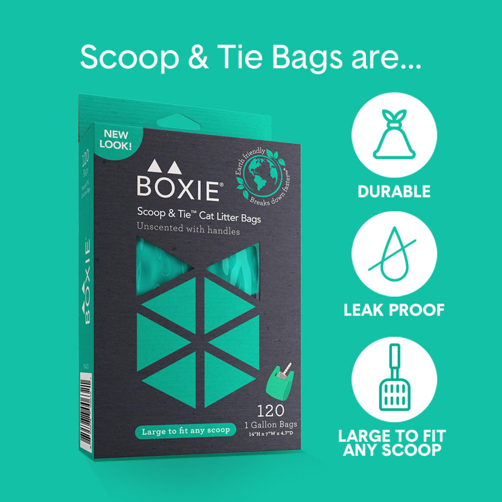 Boxie Sustainable Scoop & Tie Pet Waste Bags, 120 Count, Leak-Proof, Easy-to-Tie Handles, Eco-Friendly, Odor Control, EPI Technology, Durable for Cat Litter & Dog Waste
