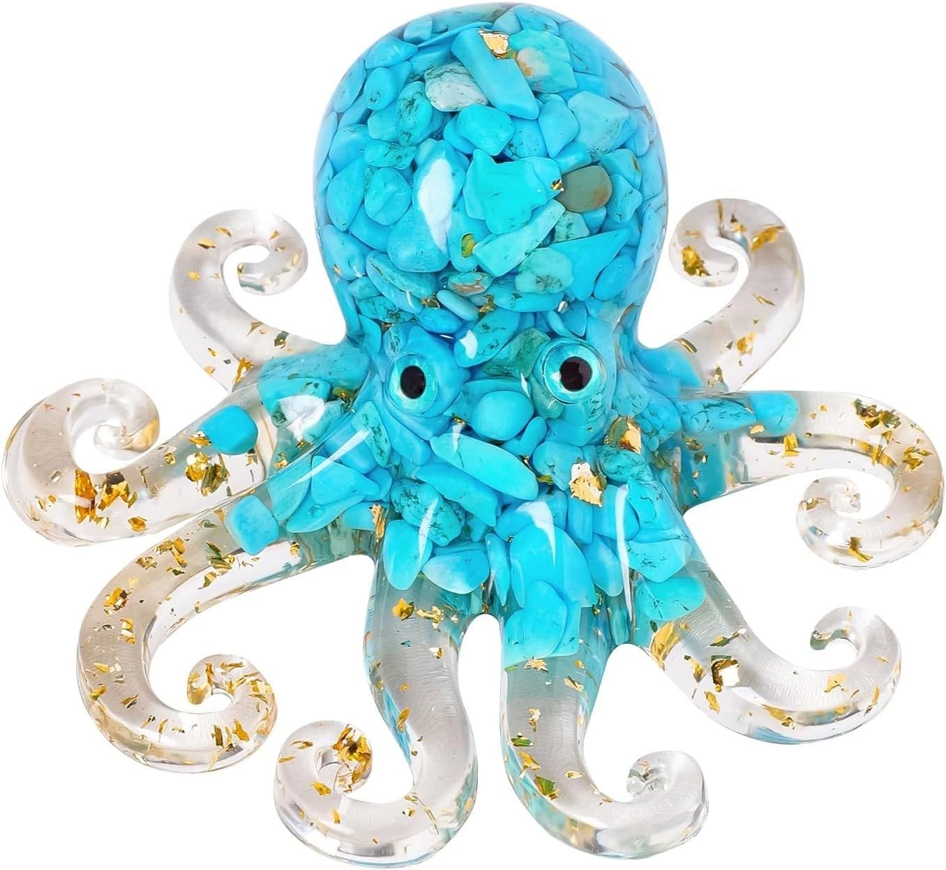RJINGSHI Octopus Decor Aquarium Turquoise Decorative Resin Glass with Natural Crystal Stone Marine Animals Fish Tank Ornaments Statue Healing Home Decor Ladies Gift 3.93"