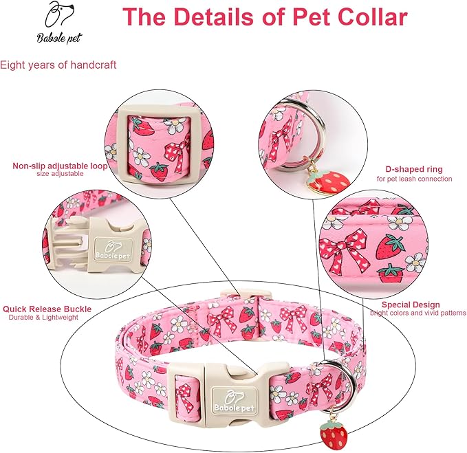 Babole Pet Strawberry Bow Dog Collar for Puppy Small Dogs - Cute Pink Spring/Summer Girl Dog Collars, Lightweight Adjustable Female Girly Dogs Collars with Quick Release Buckle XS