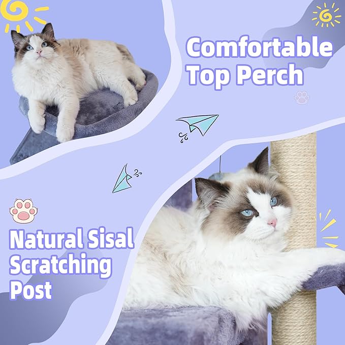 AIWIKIDE Cat Tree Has Scratching Toy with A Ball Activity Centre Cat Tower Furniture Jute-Covered Scratching Posts (Grey, 36.6'')