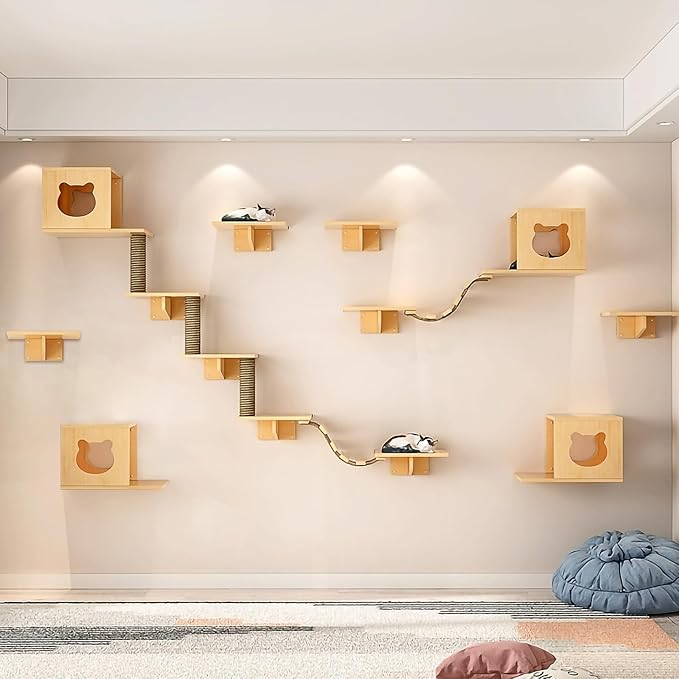 Cat Wall Shelves and Furniture Set with Condos, Perches, Bridge Ladders, Sisal Scratching Posts - Steps and Houses for Cats (B)