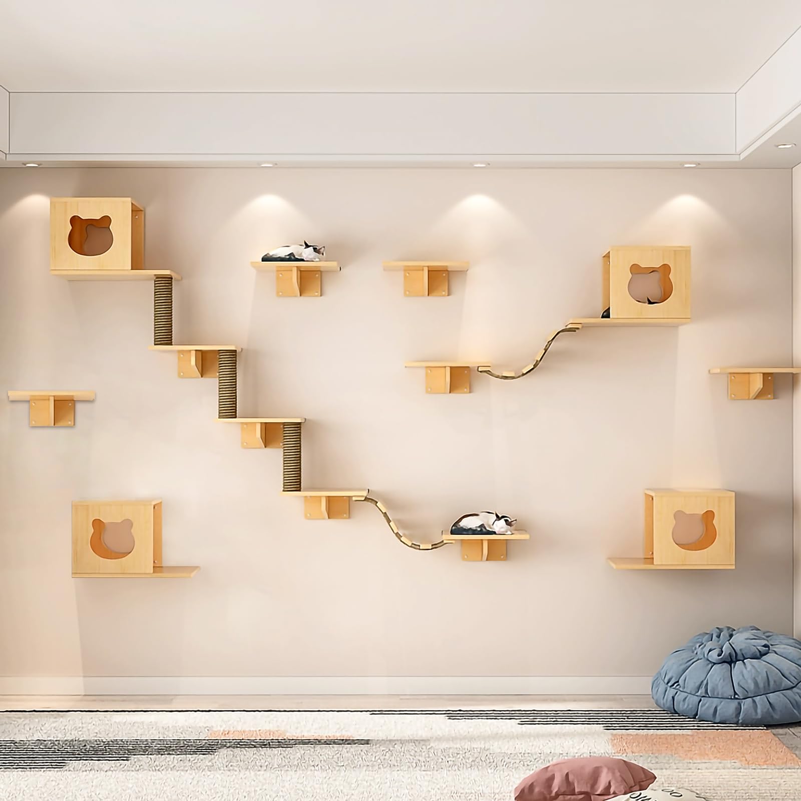 Cat Wall Shelves and Furniture Set with Condos, Perches, Bridge Ladders, Sisal Scratching Posts - Steps and Houses for Cats (B)