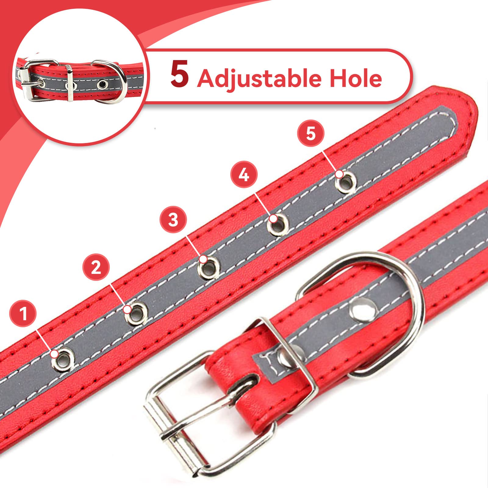 PETCARE Reflective Dog Collar with Cute Paw Rivet Studded Funny Soft PU Leather Adjustable Puppy Dog Collars for Small Medium Large Dogs Cats (Red,Medium)