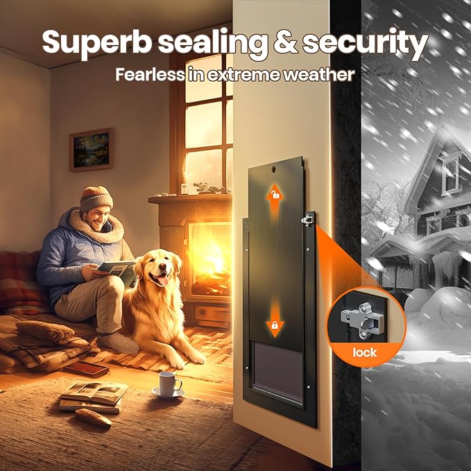 XL Dog Door for Wall, All Aluminum Extra Large Dog Door, Heavy Duty Pet Door Easy to Install, 2 Magnetic Flaps Energy Efficient, Telescoping Tunnel for Exterior Walls, Pet Up to 220 Lb-Black