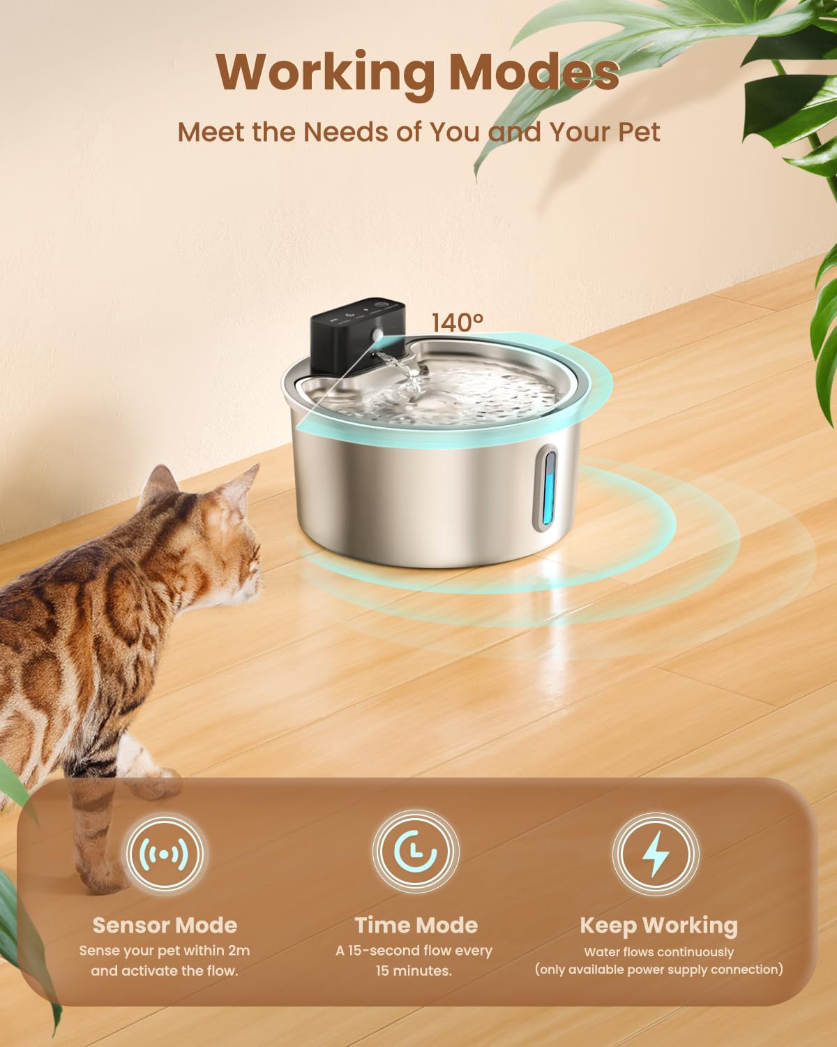 PawPoll Wireless Cat Water Fountain Stainless Steel - 3.2L/108oz Cordless Pet Water Fountain Battery Operated Cat Water Dispenser Ultra Silent Rechargeable Water Fountains for Cats and Dogs