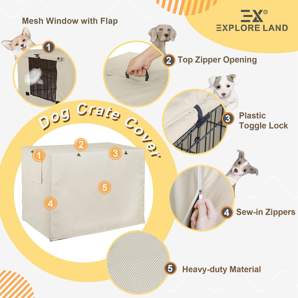 Explore Land 54 inches Dog Crate Cover Heavy Duty Polyester Pet Kennel Sunshade Universal Fit for Wire Cage (Light Tan)